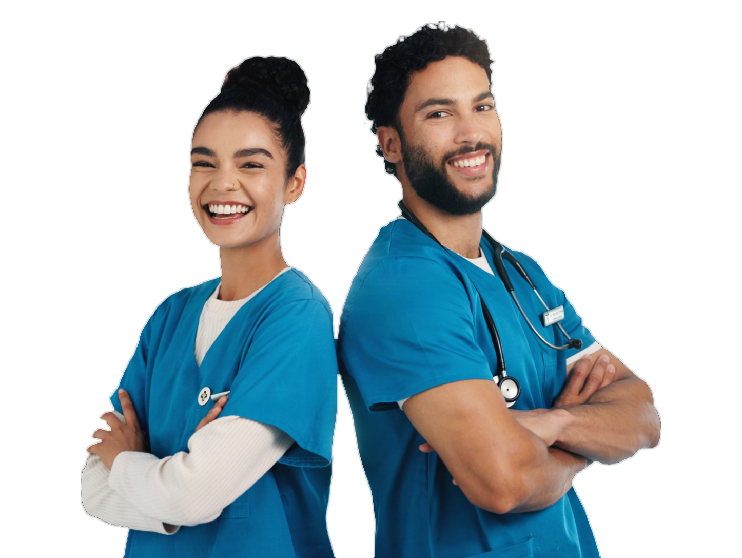 Two healthcare workers in blue scrubs, one with a stethoscope