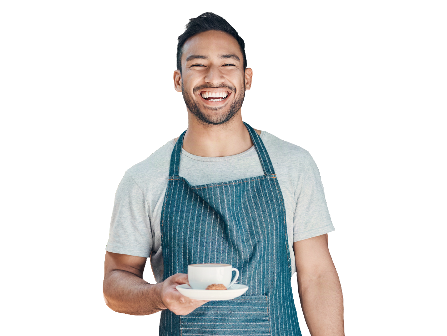 Smiling barista in a striped apron holding a coffee cup