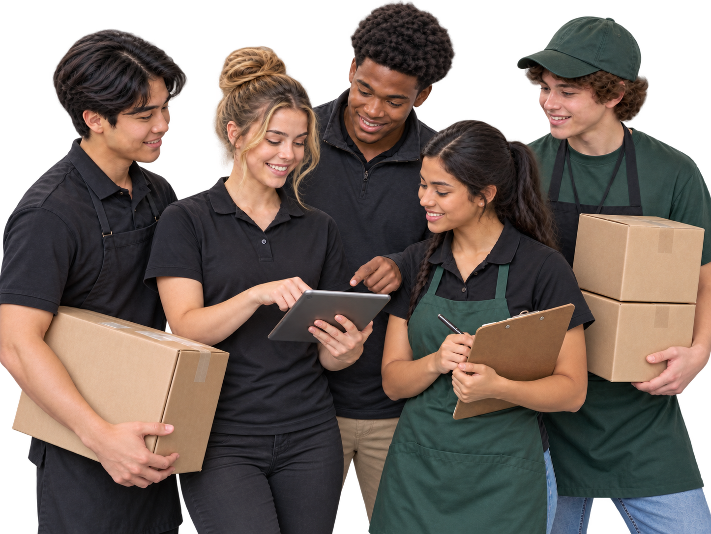 Five student workers wearing Stunio badges, holding boxes, a tablet, and a clipboard